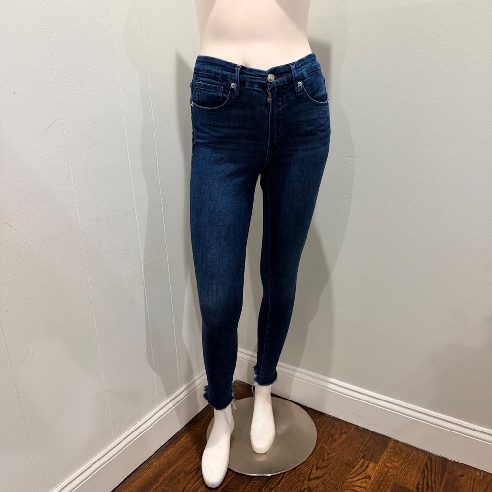 Good American Dark Blue Wash Good Legs High-Rise Skinny Jeans Raw Hem | 00/24
